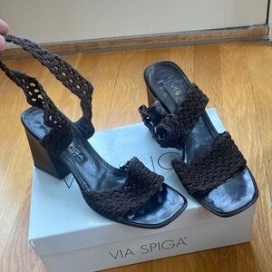 VIA SPIGA Dark Brown Crochet Block Heel Sandals